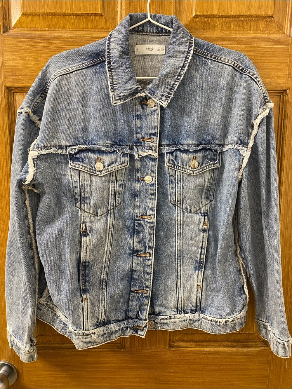 Mango Light Blue Denim Jacket with Distressed Trim